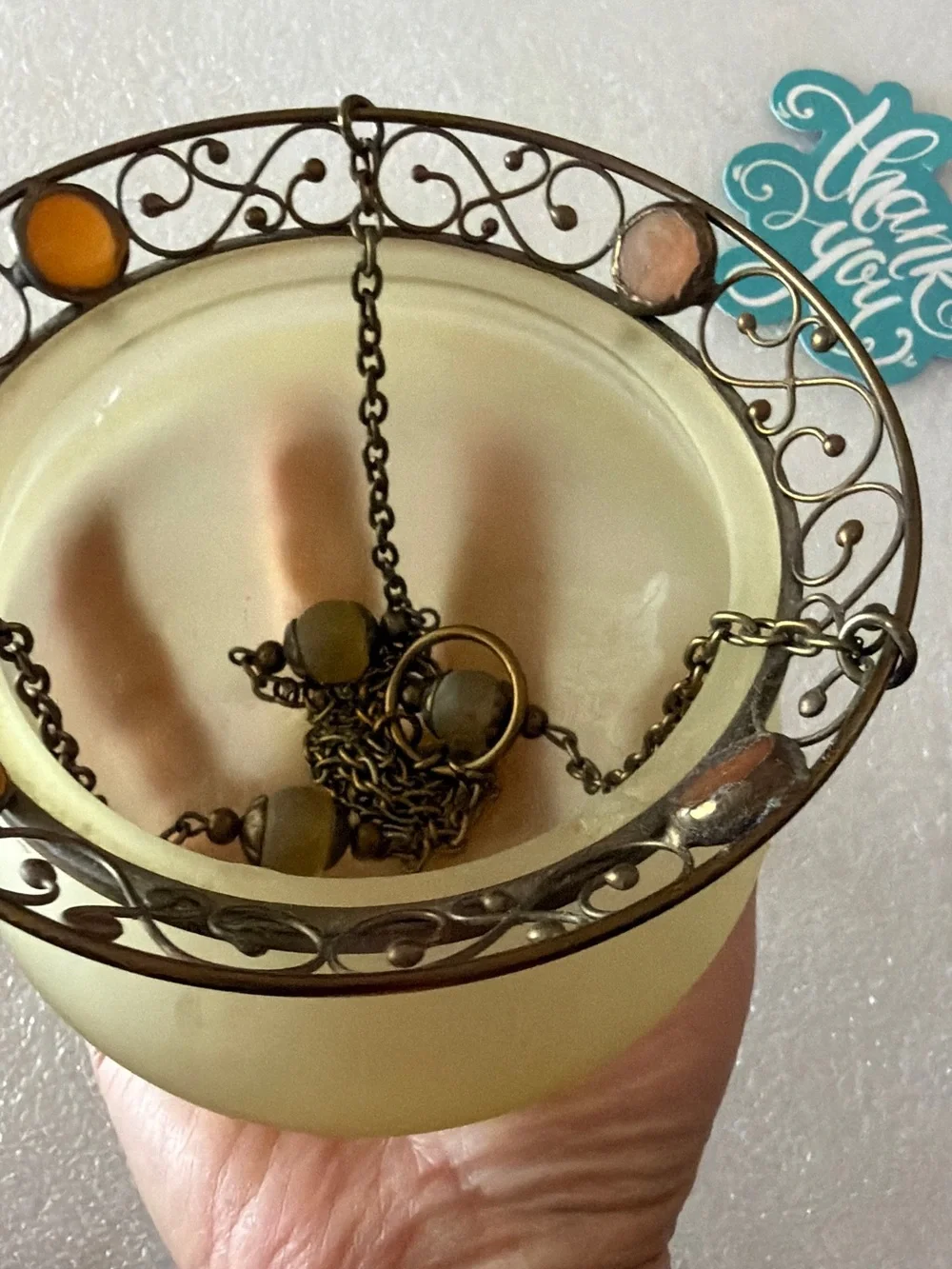 PartyLite Yellow Frosted Glass Hanging Lantern with Antique Brass Chain & stones